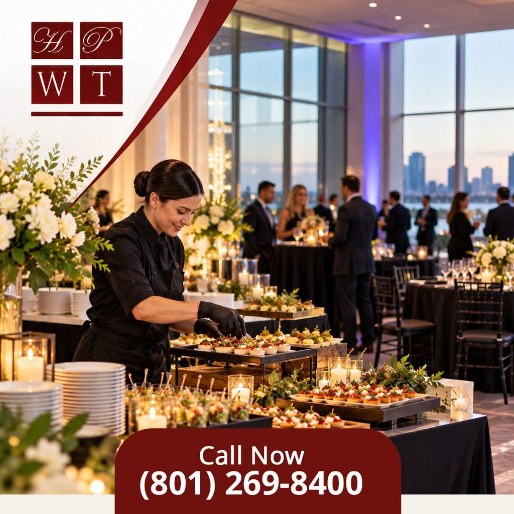 Caterer arranging appetizers on tiered stands at an evening corporate reception with guests and a city skyline behind