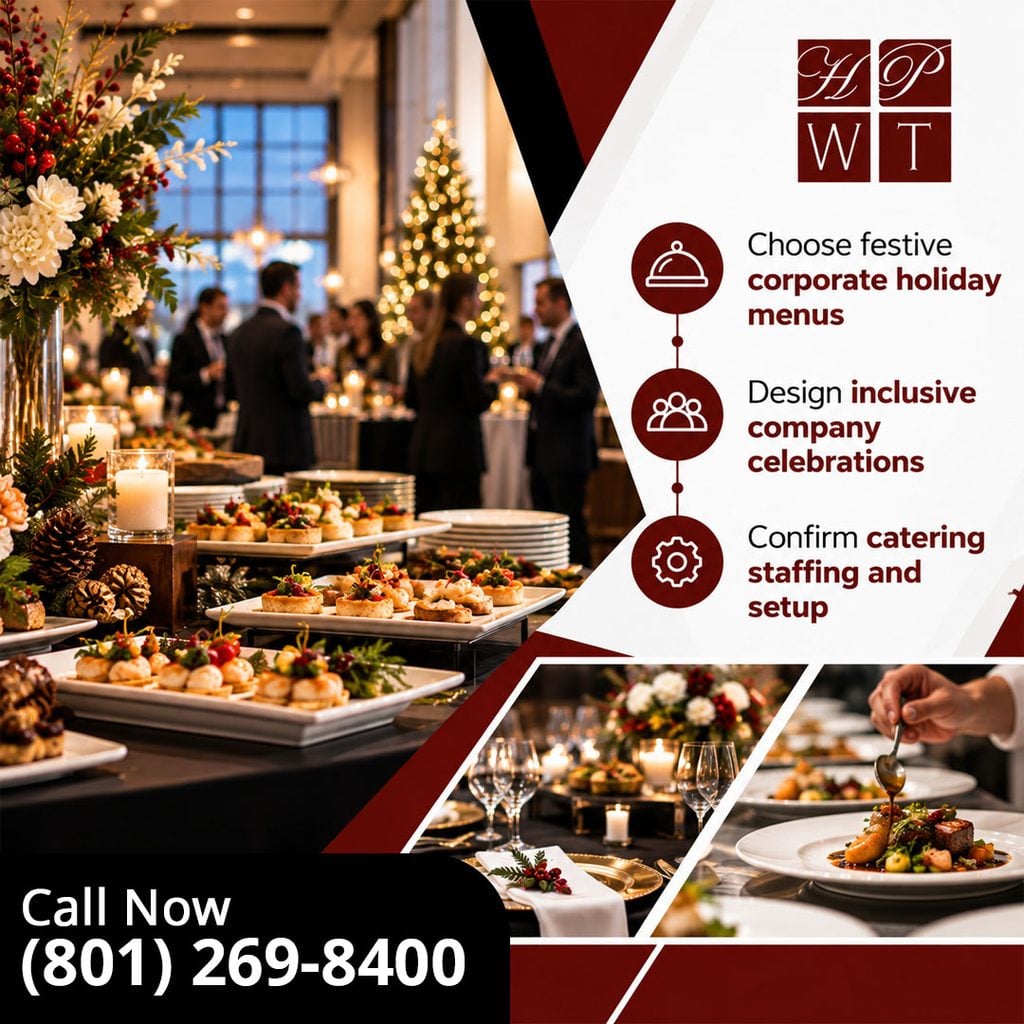 A holiday corporate gathering around an appetizer buffet with festive floral arrangements and Christmas trees, paired with insets of dinner tablescapes and a chef drizzling sauce over a plated entree.