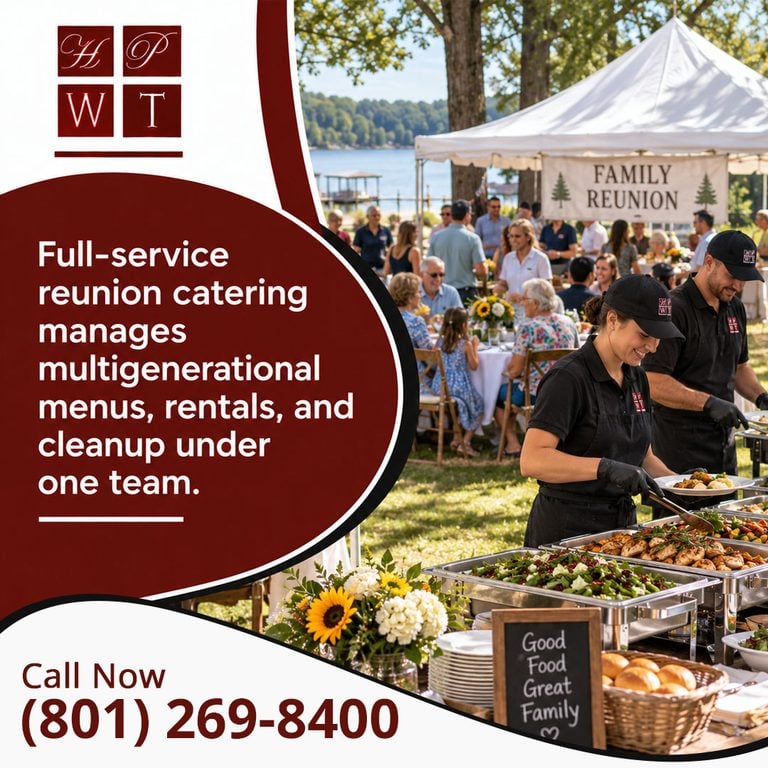 HPWT caterers serving a buffet at a lakeside family reunion under a tent as multigenerational guests dine at tables