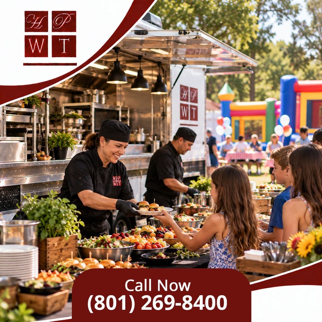 Caterers serving sliders and fresh salads to children from a catering food truck at an outdoor party with a bounce house