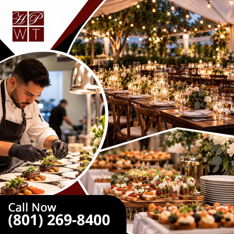 A candlelit banquet table set under an illuminated event tent, framed by insets of a chef garnishing filet mignon entrees and a tiered appetizer display with caprese bites.