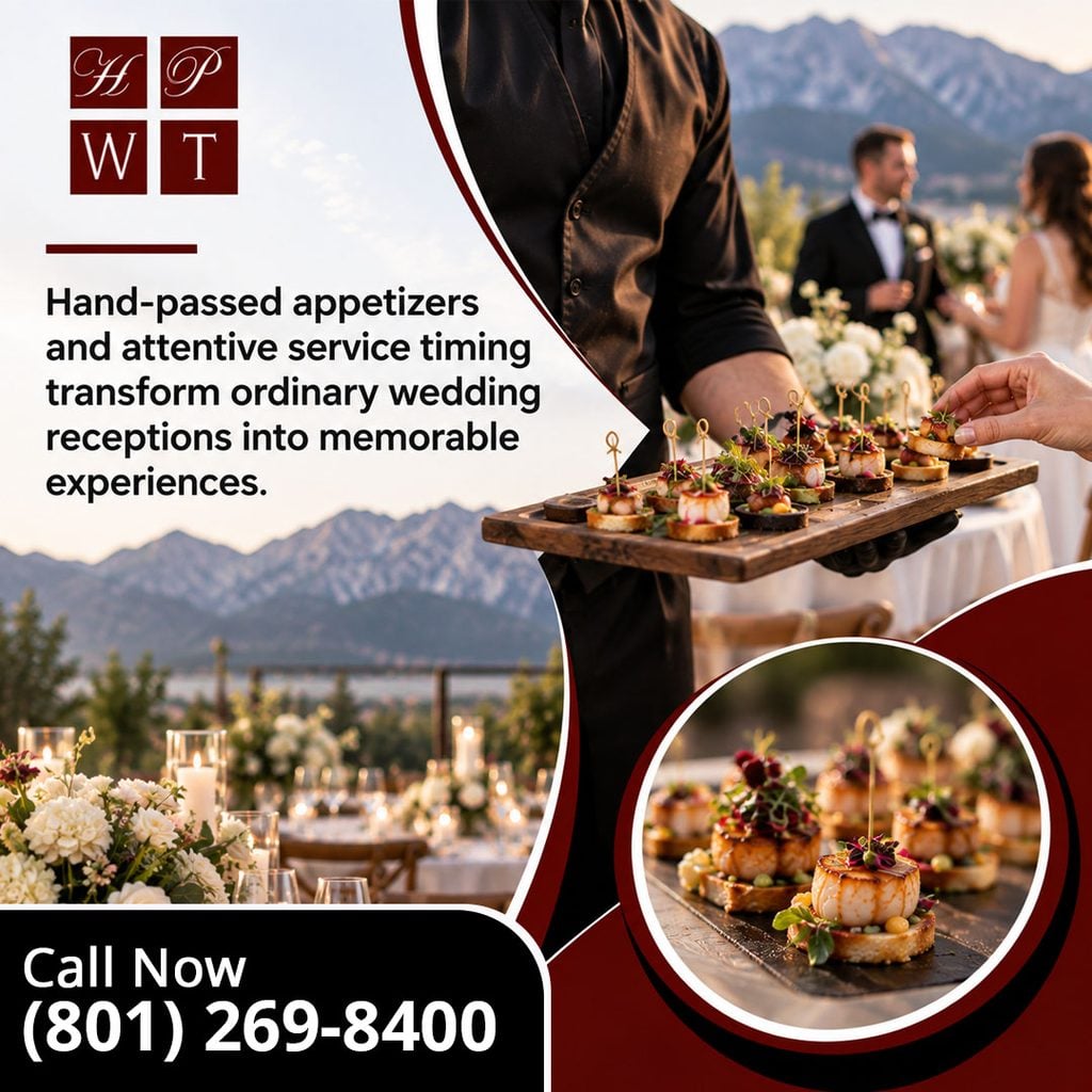 Server holding a wooden tray of hand-passed appetizers at an outdoor mountain wedding reception with a couple behind