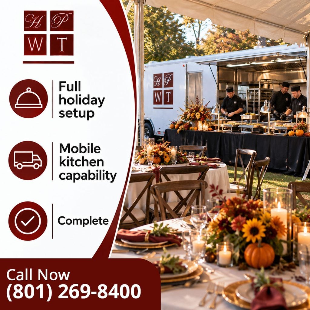 HPWT mobile kitchen trailer and chefs at a buffet beside a fall-decorated table with pumpkins, sunflowers, and candles