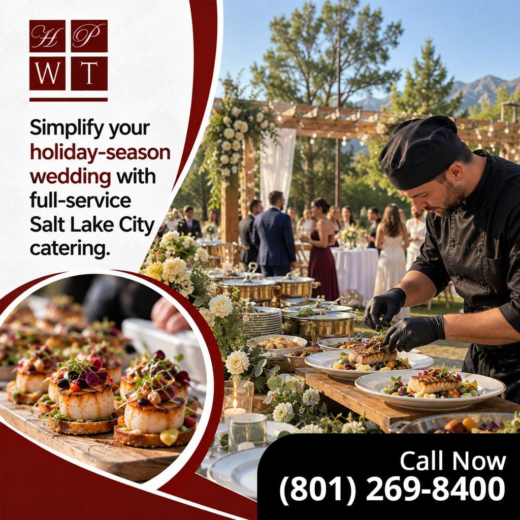 A chef in black gloves garnishing gourmet plated salmon at an outdoor wedding buffet, with an inset of seared scallop appetizers on crostini.