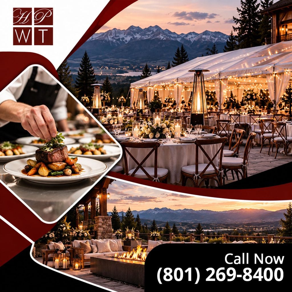 An illuminated outdoor tented dining reception with patio heaters and sunset mountain views, alongside insets of a chef garnishing a plated filet mignon and a cozy fire pit lounge.