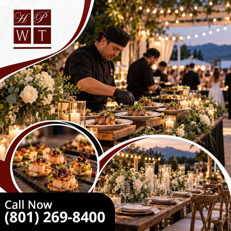 Chefs plating steak dinners along an outdoor banquet table adorned with candles and floral arrangements under string lights, featuring insets of seared scallop hors d'oeuvres and candlelight tablescapes.
