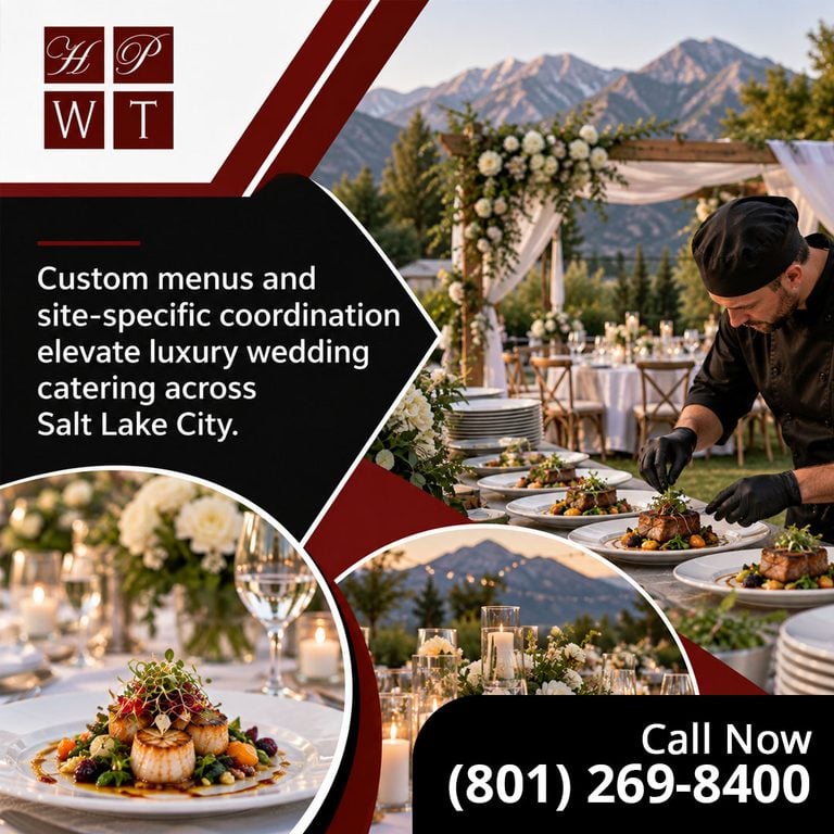 Chef plating seared scallops at an outdoor mountain wedding with a floral arch and candlelit tables in Salt Lake City