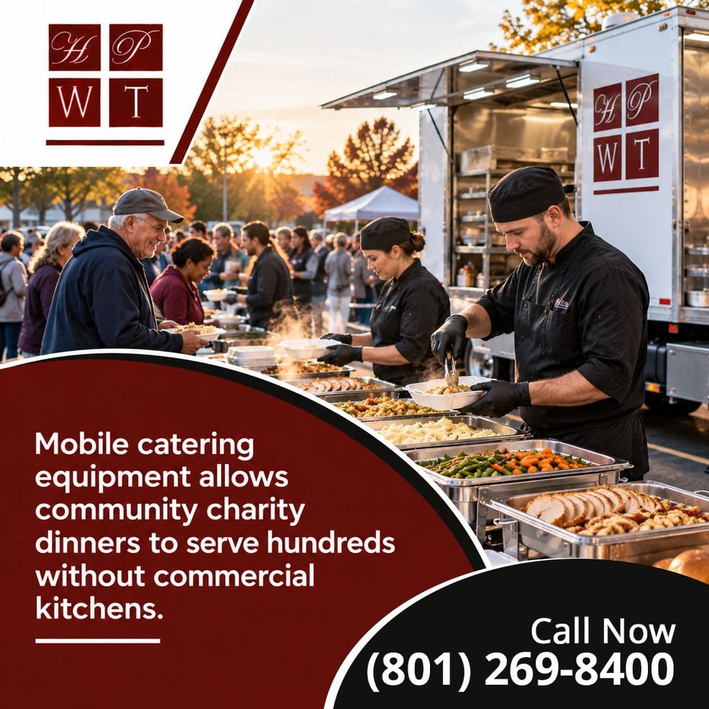 HPWT chefs serving a holiday buffet from a mobile kitchen trailer to a crowd at an outdoor community charity dinner