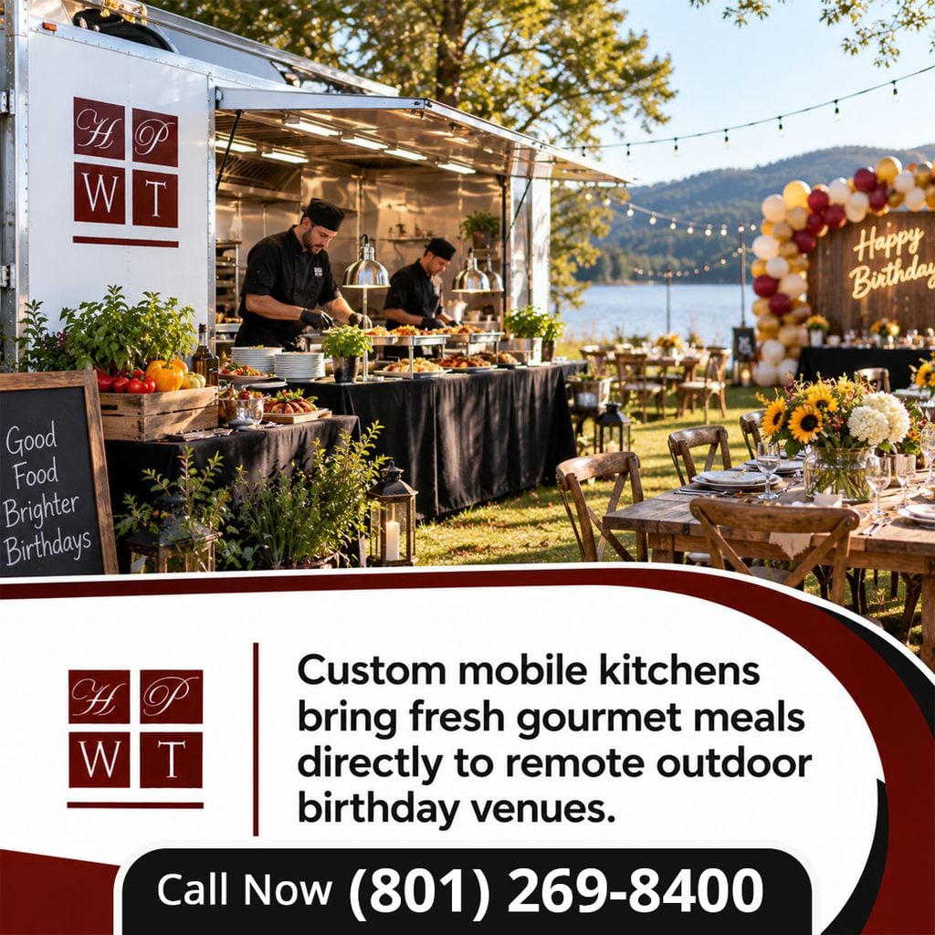 How Do You Plan an SLC Outdoor Catering for a Milestone Birthday? 1 HPWT mobile kitchen trailer and chefs serving a buffet at a lakeside outdoor birthday party with a balloon arch