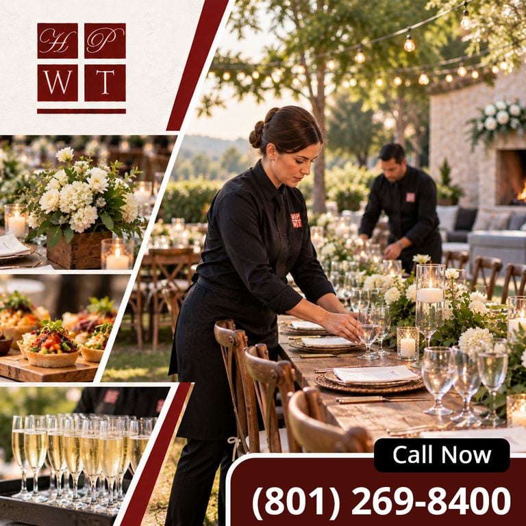 HPWT mobile kitchen trailer and chefs serving a buffet at a lakeside outdoor birthday party with a balloon arch