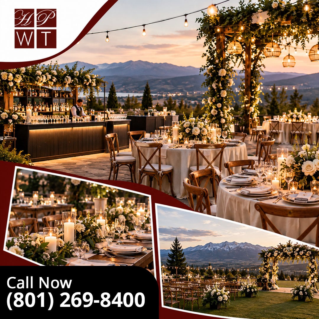 An outdoor patio wedding reception setup featuring round guest tables, hanging string lights, a floral arbor, an illuminated bar, and sunset views over mountain peaks.