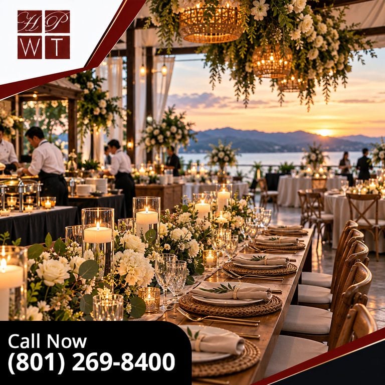 A lavishly decorated long wooden banquet table adorned with pillar candles and white florals overlooking a lake and mountain sunset, with catering staff prepping in the background.