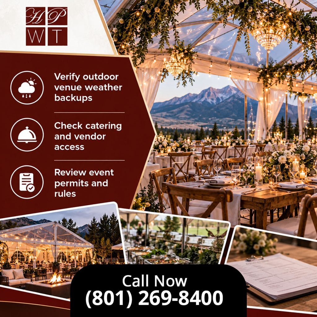 A mountain-view clear-top event tent with crystal chandeliers and floral-decorated wooden tables, alongside insets showing an outdoor fire pit lounge, a garden buffet line, and event planning contract checklists.