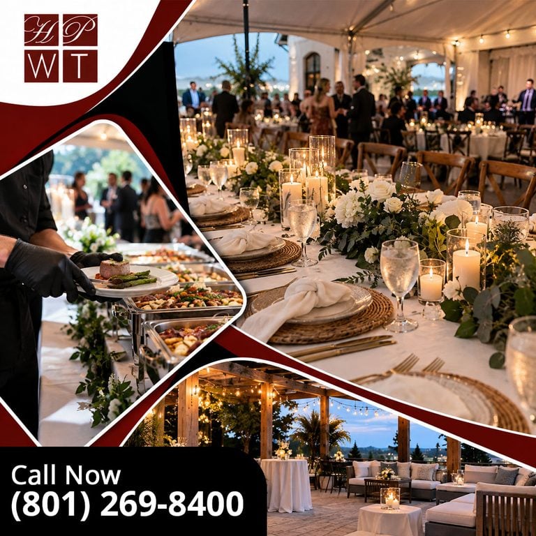 A lavishly decorated banquet table under a wedding reception tent flanked by insets of a server plating roasted filet mignon and an illuminated twilight lounge.