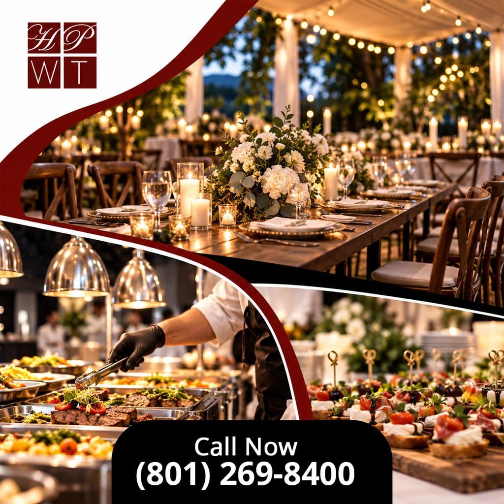 An elegant outdoor wedding reception banquet table illuminated with candlelight and string lights, framed by insets of a chef serving sliced steak at a carving station and passed bruschetta appetizers.