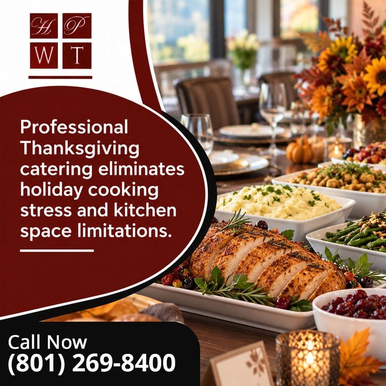 Thanksgiving catering buffet with sliced roast turkey, mashed potatoes, stuffing, green beans, and cranberry sauce