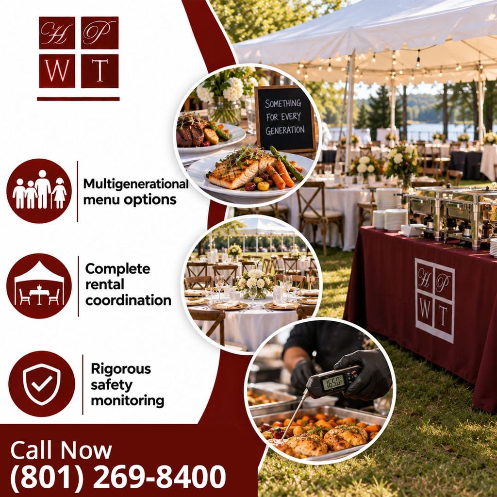 Outdoor reunion catering setup with a branded buffet table, a salmon plate, tent seating, and a food temperature check