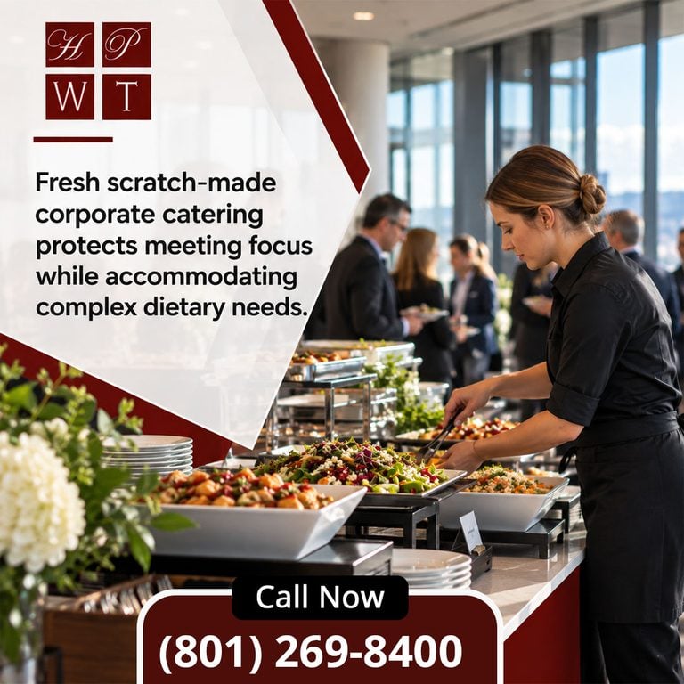 Caterer serving fresh salads and entrees from a buffet line at a corporate event with guests in business attire
