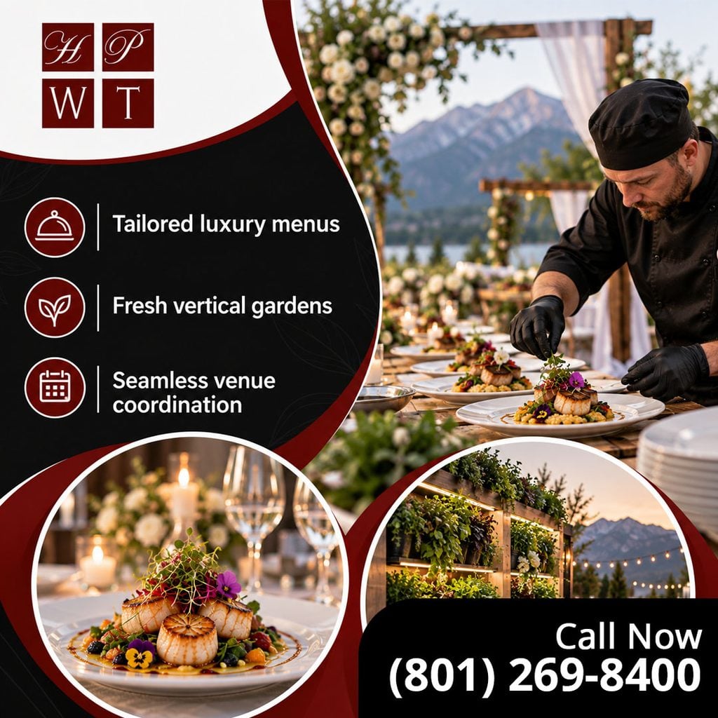 Chef plating scallop dishes at an outdoor wedding, with a vertical herb garden and a plated scallop with edible flowers