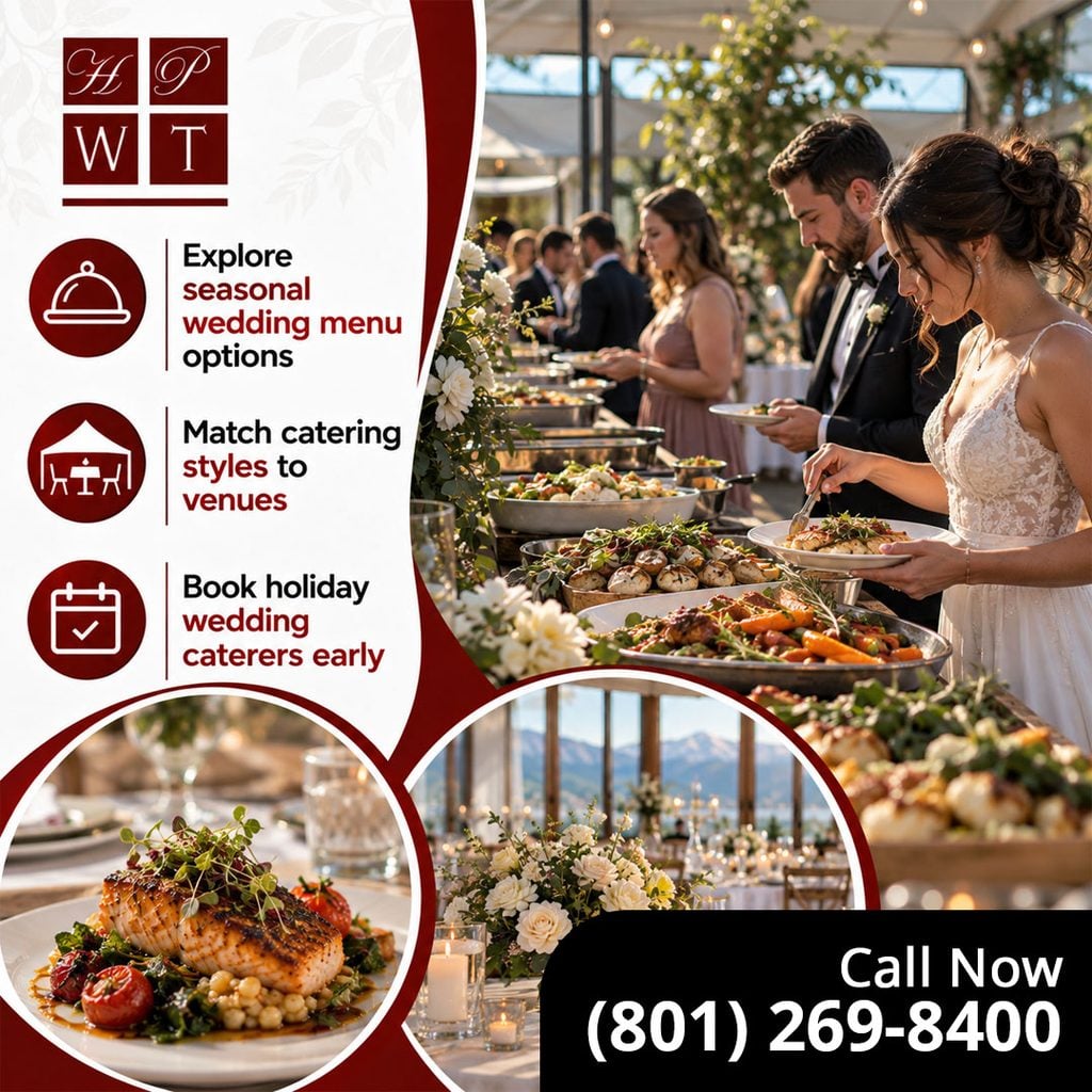 A bride and groom serving themselves at an outdoor buffet with roasted chicken and vegetables, with insets of a plated salmon entree and an indoor banquet tablescape.