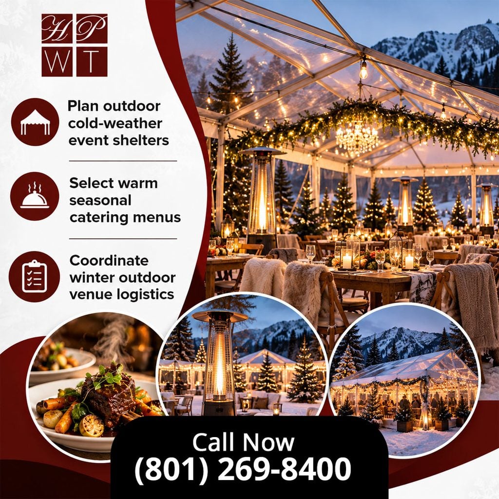 How to Plan Outdoor Event Catering in SLC for Late Fall & Early Winter 1 A cozy clear-top winter event tent filled with string lights, Christmas trees, and patio heaters set against snow-covered mountains, with circular insets of braised short ribs and outdoor patio fire features.
